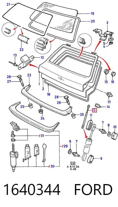  Amortecedor de tampa de porta-malas (de 3ª/5ª porta traseira) Ford Escort '86 EXPRESS сaixa (AVF) (1984 - 1990) '86 EXPRESS