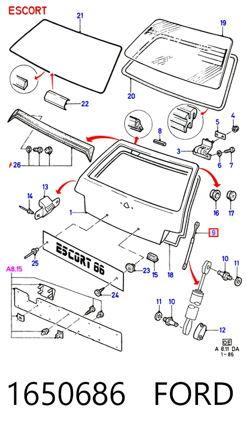  Amortecedor de tampa de porta-malas (de 3ª/5ª porta traseira) Ford Escort III carrinha (AWA) (1980 - 1985) III