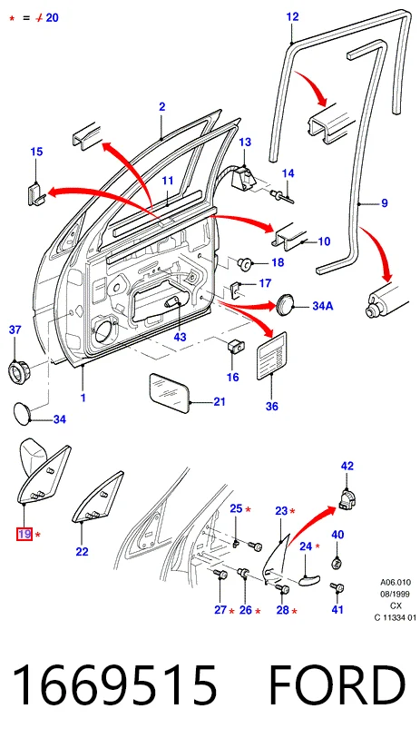Espelho de retrovisão esquerdo Ford Fiesta Mk3 GFJ