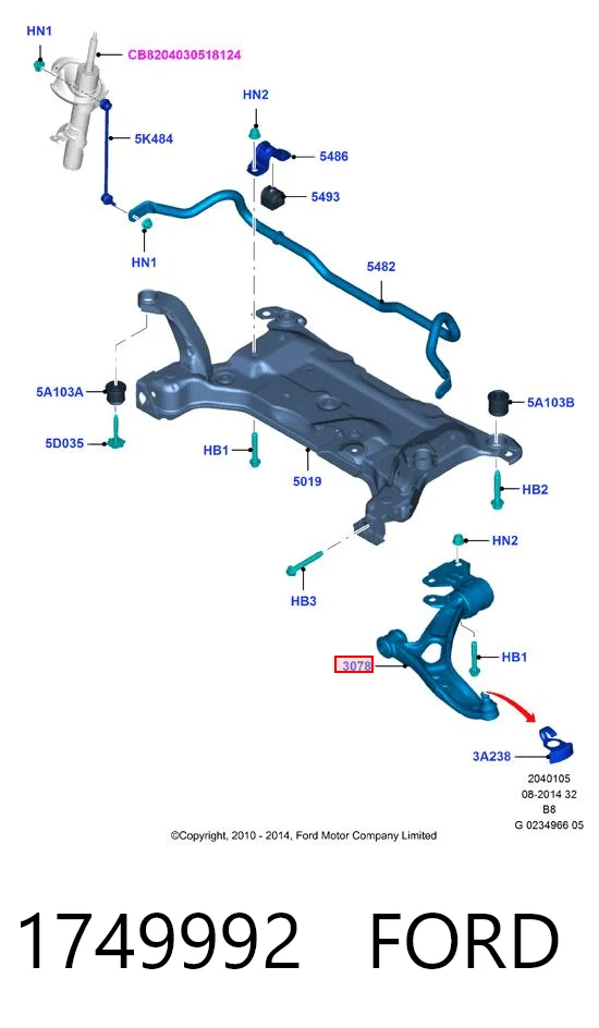 1749992 Ford Braço oscilante inferior esquerdo de suspensão dianteira