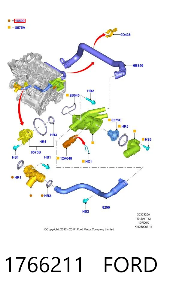 1766211 Ford Flange do sistema de esfriamento (união em T)