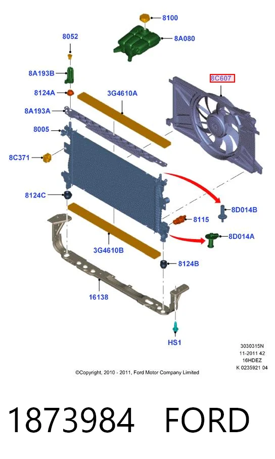 Ventilador elétrico de esfriamento montado (motor + roda de aletas) Ford Focus III CB8