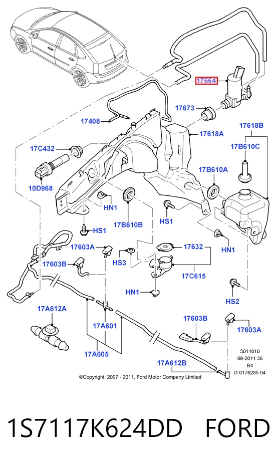 1S7117K624DD Ford Bomba de motor de fluido para lavador de vidro dianteiro