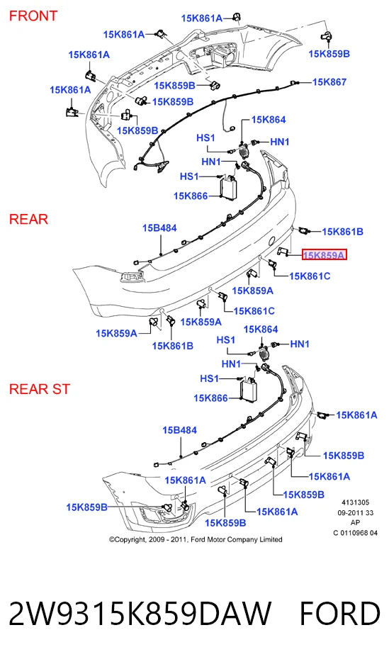 2W9315K859DAW Ford Sensor traseiro de sinalização de estacionamento (sensor de estacionamento)