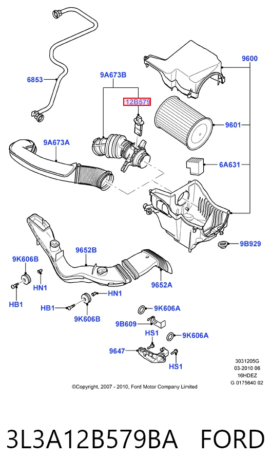 3L3A12B579BA Ford Sensor de fluxo (consumo) de ar, medidor de consumo M.A.F. - (Mass Airflow)