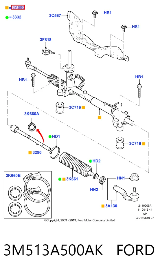 3M513A500AK Ford Cremalheira da direção