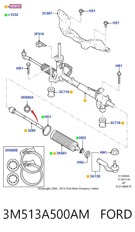 3M513A500AM Ford Cremalheira da direção