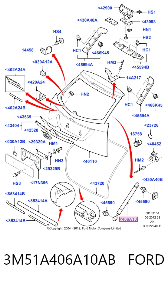 3M51A406A10AB Ford Amortecedor de tampa de porta-malas (de 3ª/5ª porta traseira)