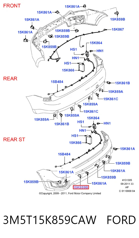 3M5T15K859CAW Ford Sensor traseiro lateral de sinalização de estacionamento (sensor de estacionamento)