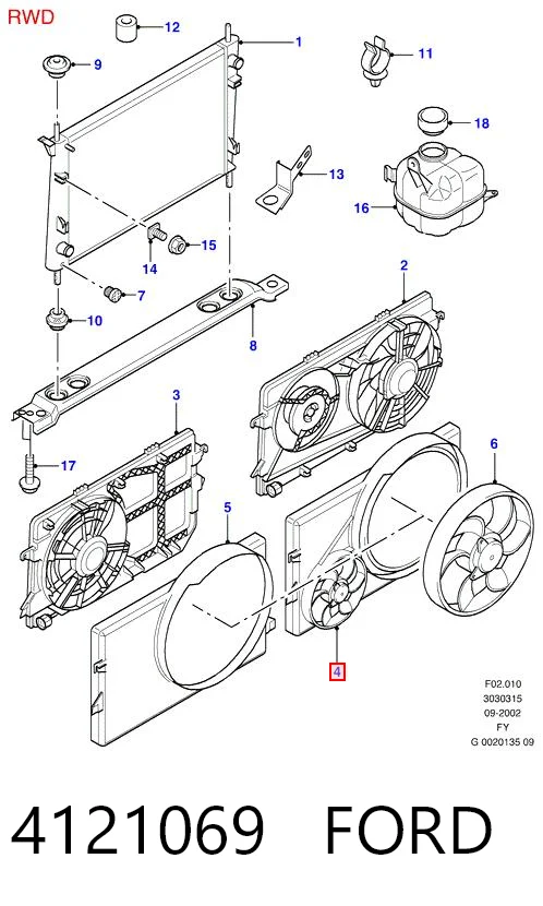 4121069 Ford Difusor do radiador de esfriamento, montado com motor e roda de aletas