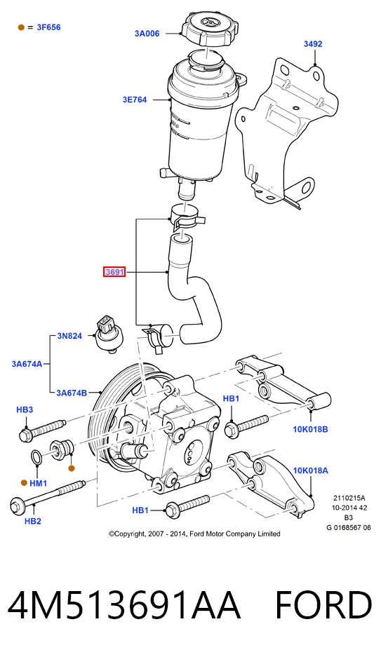 4M513691AA Ford Mangueira da Direção hidrâulica assistida de pressão baixa, desde o tanque até a bomba