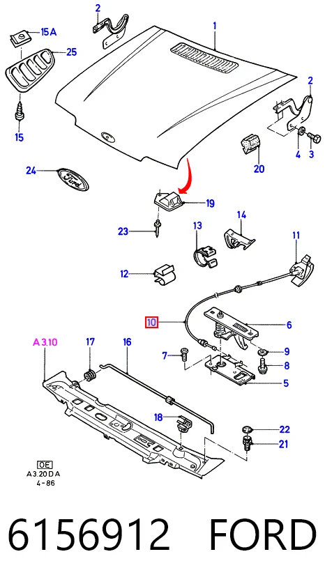 Cabo de abertura da capota para Ford Escort AWF, AVF