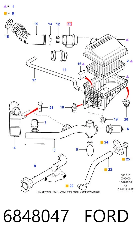 6848047 Ford Sensor de fluxo (consumo) de ar, medidor de consumo M.A.F. - (Mass Airflow)