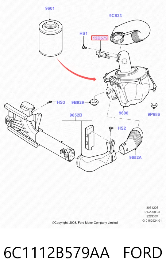 6C1112B579AA Ford Sensor de fluxo (consumo) de ar, medidor de consumo M.A.F. - (Mass Airflow)