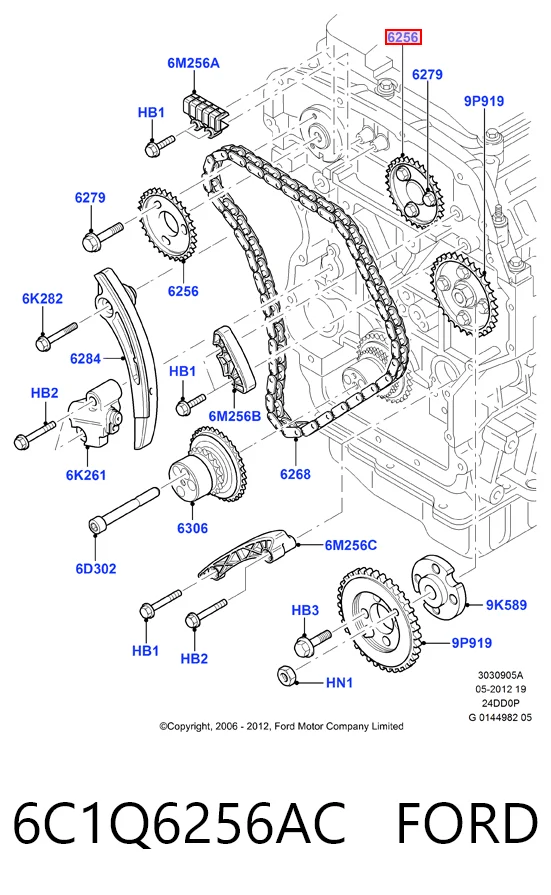 6C1Q6256AC Ford Engrenagem de cadeia da roda dentada da árvore distribuidora de motor