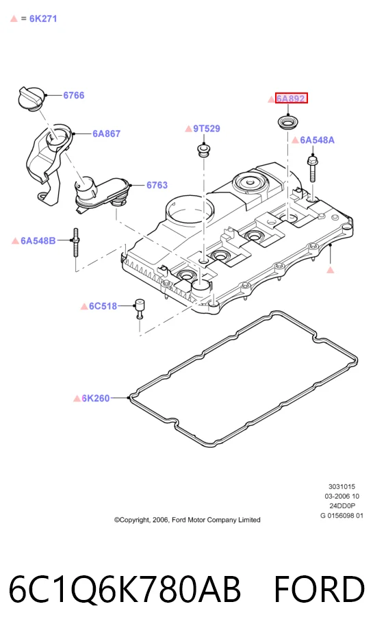 6C1Q6K780AB Ford Vedante anular da cavidade de vela