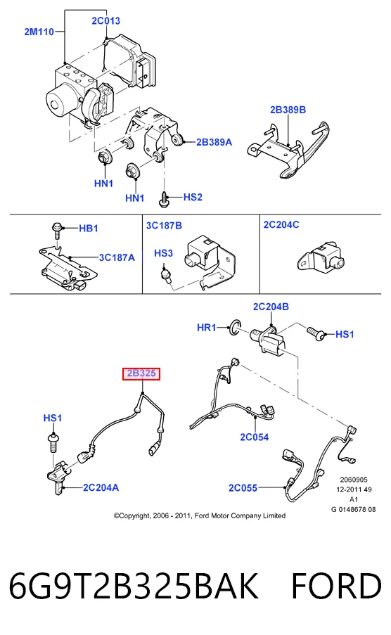 6G9T2B325BAK Ford Fio dianteiro de sensor ABS