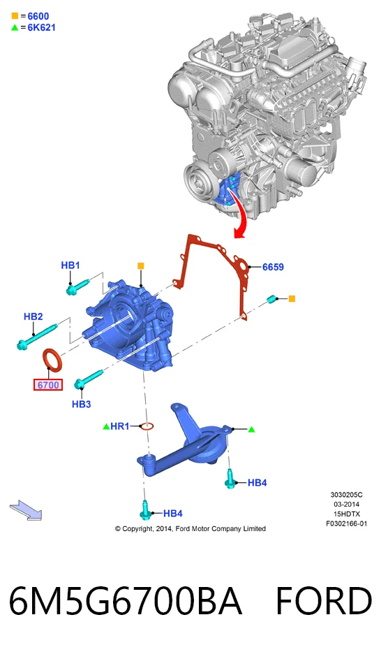 6M5G6700BA Ford Vedação dianteira de cambota de motor