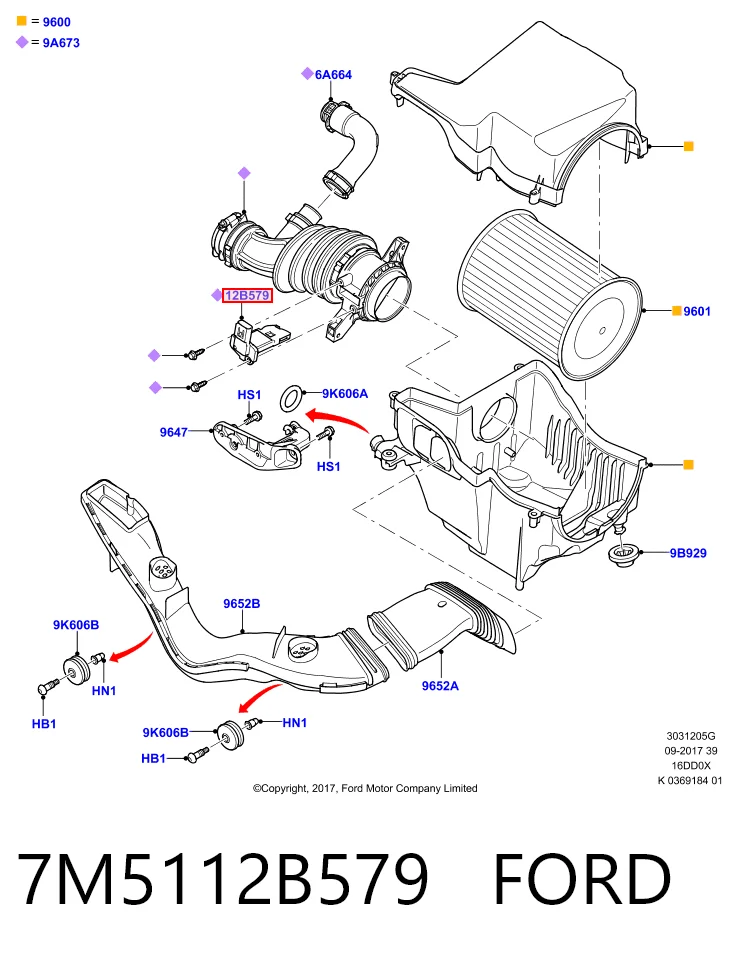 7M5112B579 Ford Sensor de fluxo (consumo) de ar, medidor de consumo M.A.F. - (Mass Airflow)