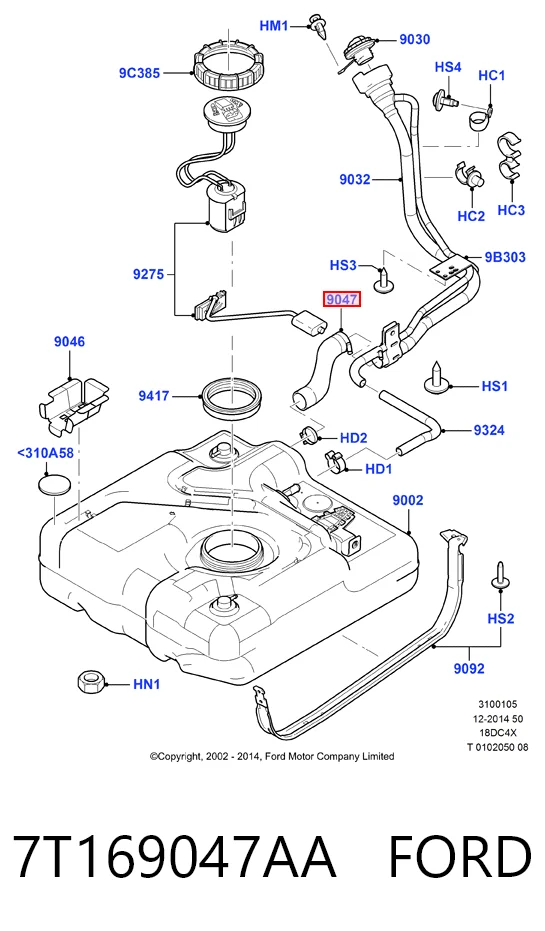 7T169047AA Ford Cano derivado de tanque, para o gargalo de enchimento
