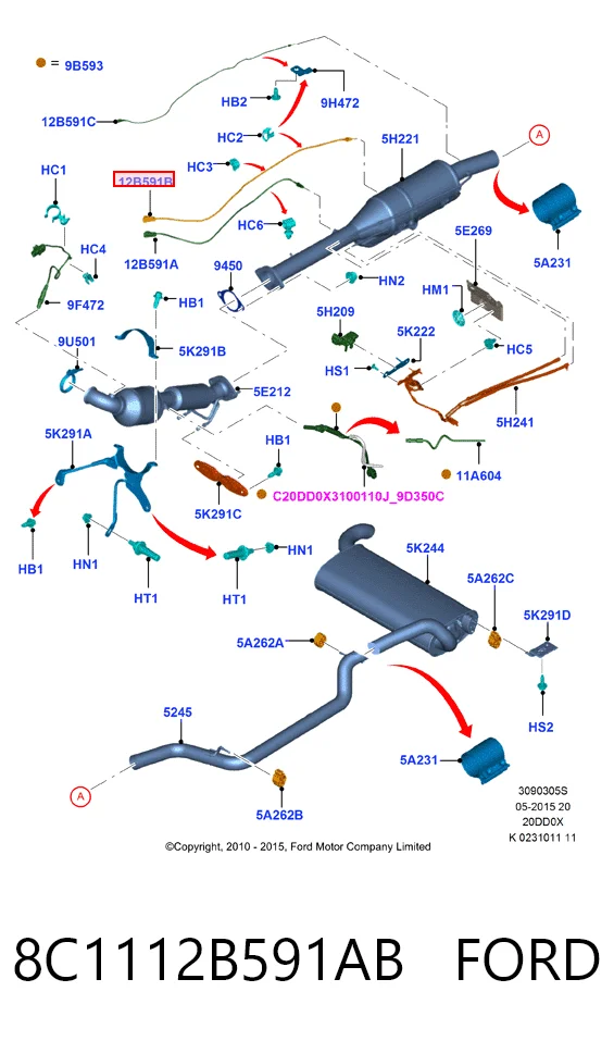 8C1112B591AB Ford Sensor de temperatura dos gases de escape (GE), no catalisador