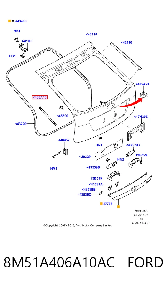 8M51A406A10AC Ford Amortecedor de tampa de porta-malas (de 3ª/5ª porta traseira)