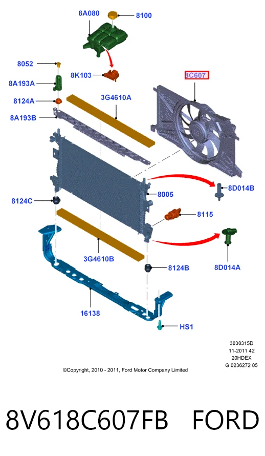  Ventilador elétrico de esfriamento montado (motor + roda de aletas) Ford Focus III hatchback (CB8) (2010 - 2020) III