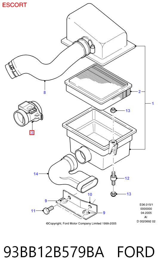 93BB12B579BA Ford Sensor de fluxo (consumo) de ar, medidor de consumo M.A.F. - (Mass Airflow)