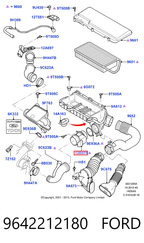 9642212180 Ford Sensor de fluxo (consumo) de ar, medidor de consumo M.A.F. - (Mass Airflow)
