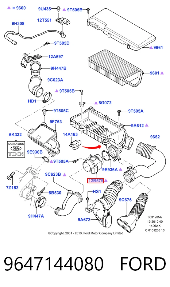 9647144080 Ford Sensor de fluxo (consumo) de ar, medidor de consumo M.A.F. - (Mass Airflow)