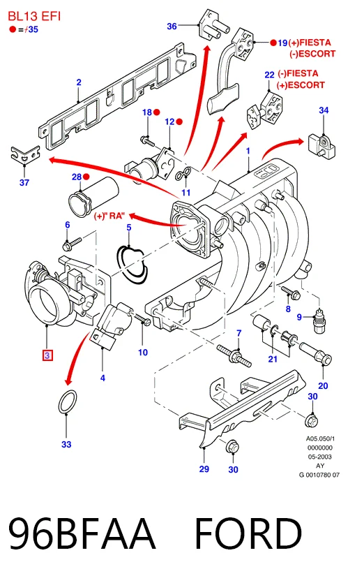 Válvula de borboleta montada Ford Fiesta COURIER J5S, J3S