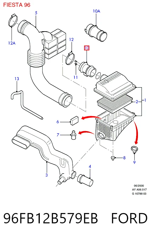 96FB12B579EB Ford Sensor de fluxo (consumo) de ar, medidor de consumo M.A.F. - (Mass Airflow)