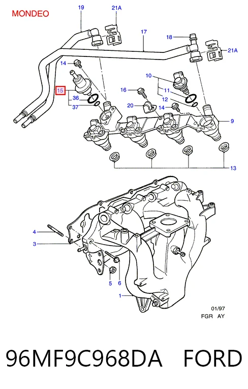 96MF9C968DA Ford Regulador de pressão de combustível na régua de injectores