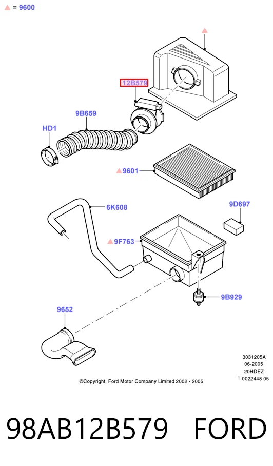 98AB12B579 Ford Sensor de fluxo (consumo) de ar, medidor de consumo M.A.F. - (Mass Airflow)