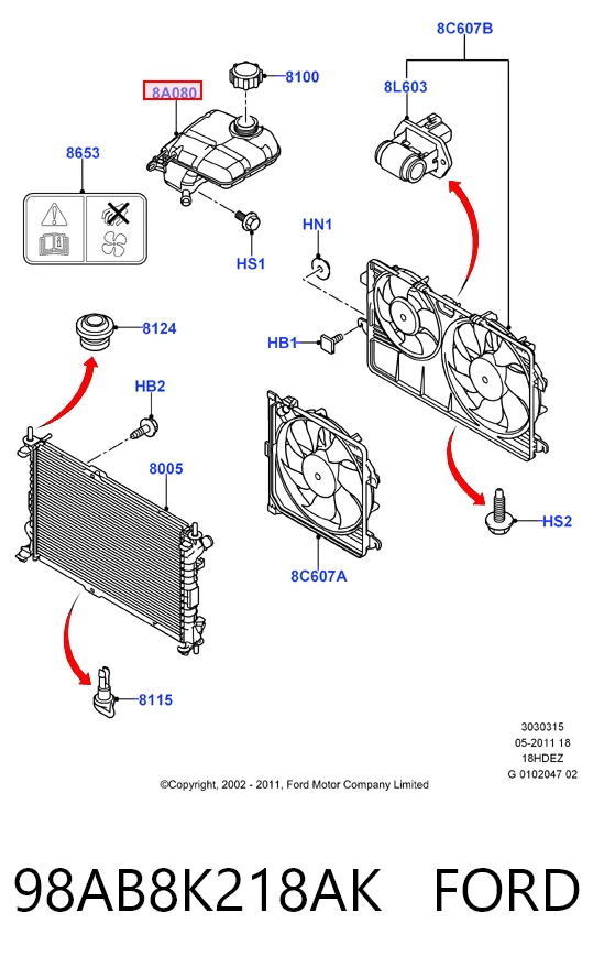 98AB8K218AK Ford Tanque de expansão do sistema de esfriamento