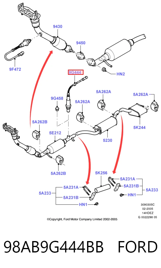 98AB9G444BB Ford Sonda lambda, sensor de oxigênio depois de catalisador