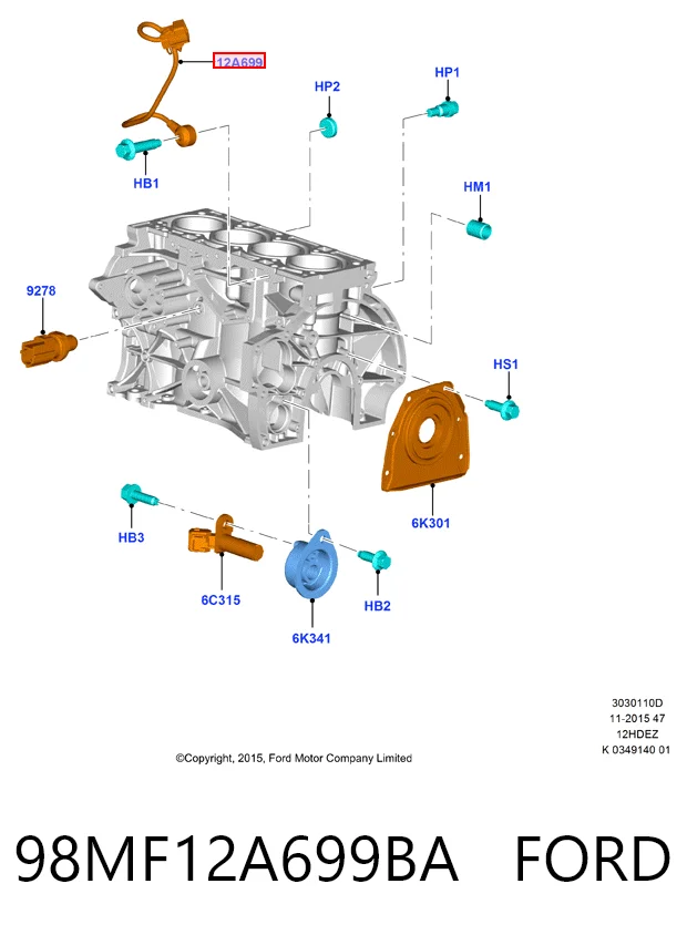 98MF12A699BA Ford Sensor de detonação