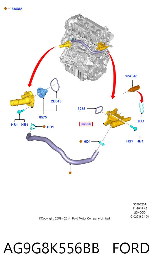 AG9G8K556BB Ford Flange do sistema de esfriamento (união em T)
