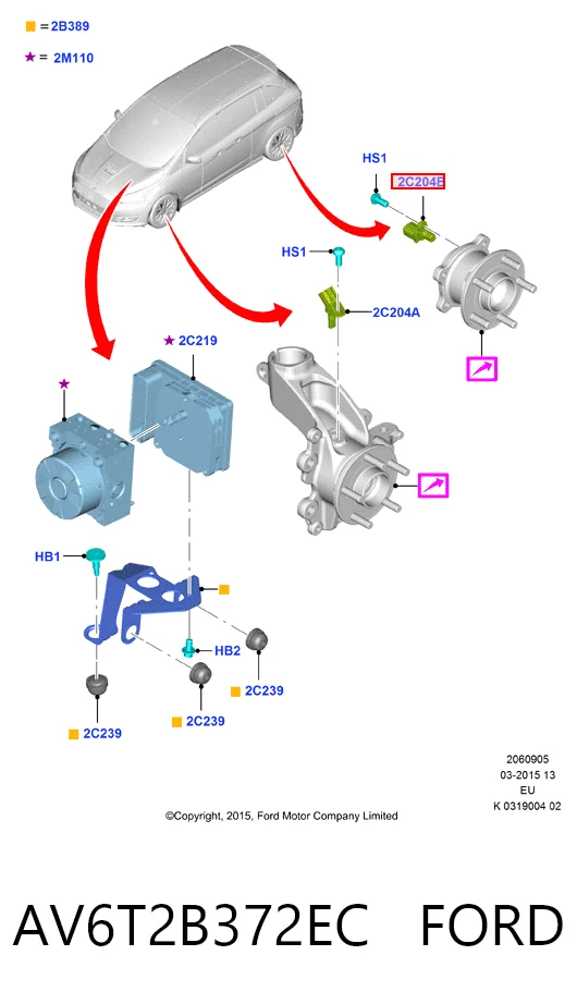 AV6T2B372EC Ford Sensor ABS traseiro