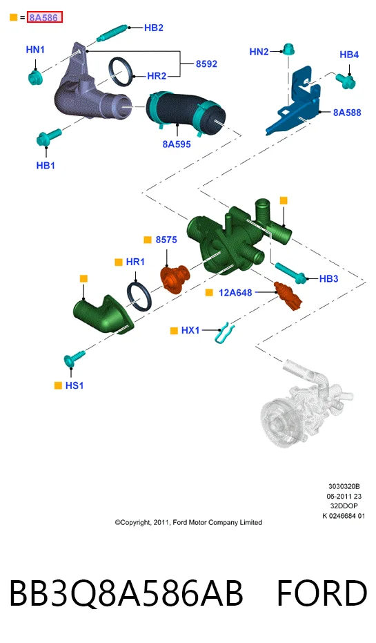BB3Q8A586AB Ford Caixa do termostato