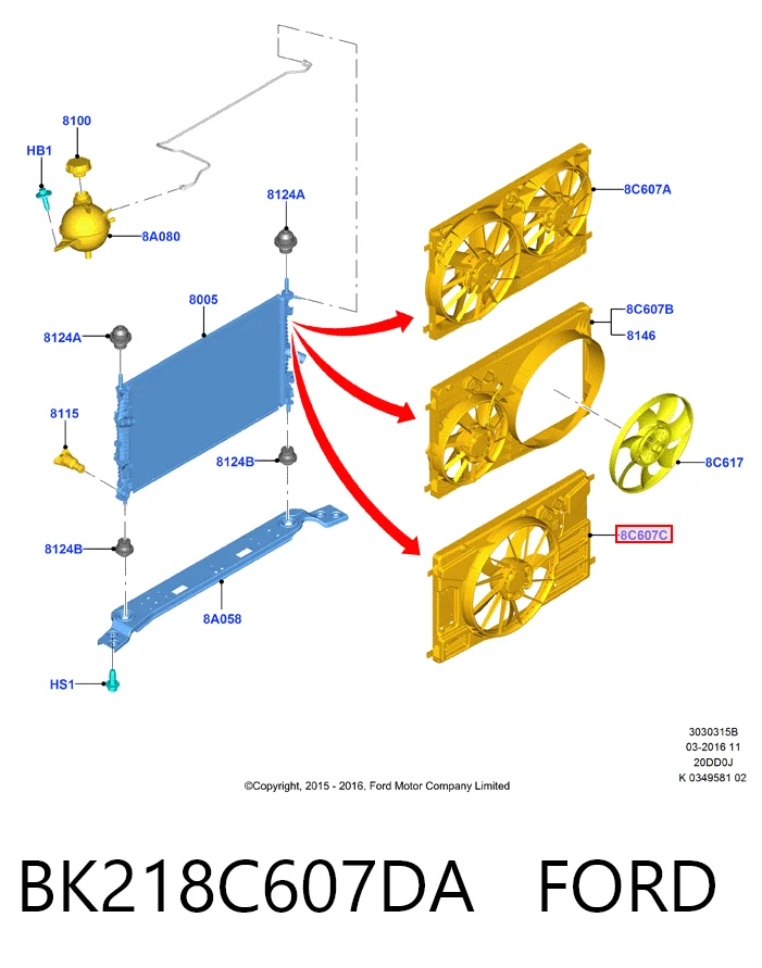 BK218C607DA Ford Difusor do radiador de esfriamento, montado com motor e roda de aletas