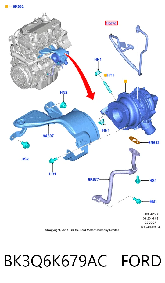 BK3Q6K679AC Ford Tubo (mangueira) de fornecimento de óleo de turbina