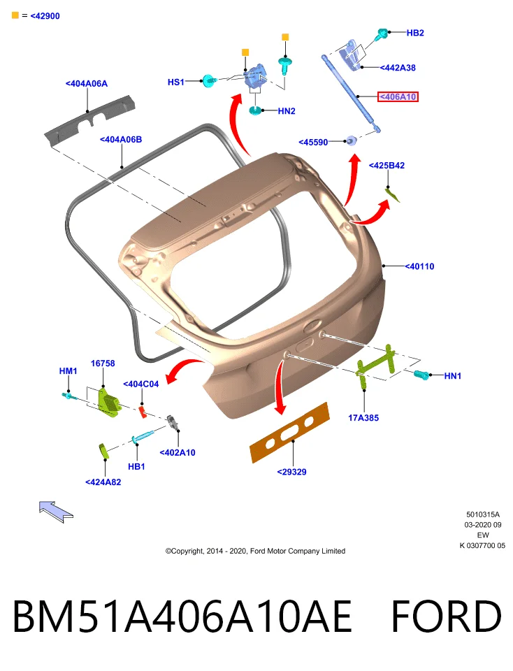 BM51A406A10AE Ford Amortecedor de tampa de porta-malas (de 3ª/5ª porta traseira)