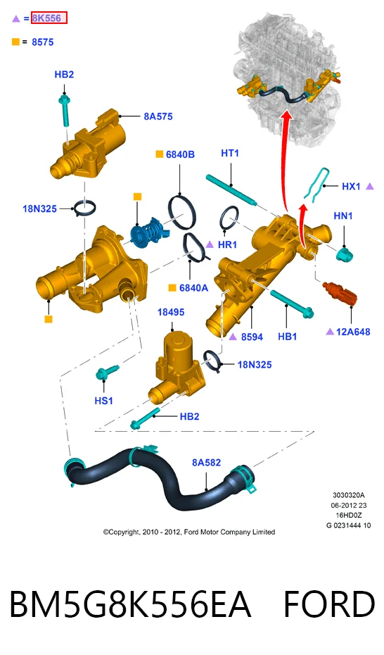 BM5G8K556EA Ford Flange do sistema de esfriamento (união em T)