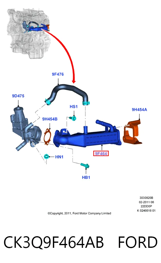 CK3Q9F464AB Ford Radiador do sistema EGR de recirculação dos gases de escape