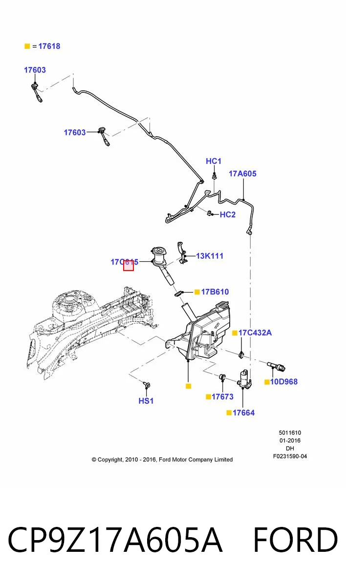 CP9Z17A605A Ford Gargalo do tanque de fluido para lavador