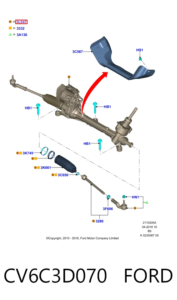 CV6C3D070 Ford Cremalheira da direção