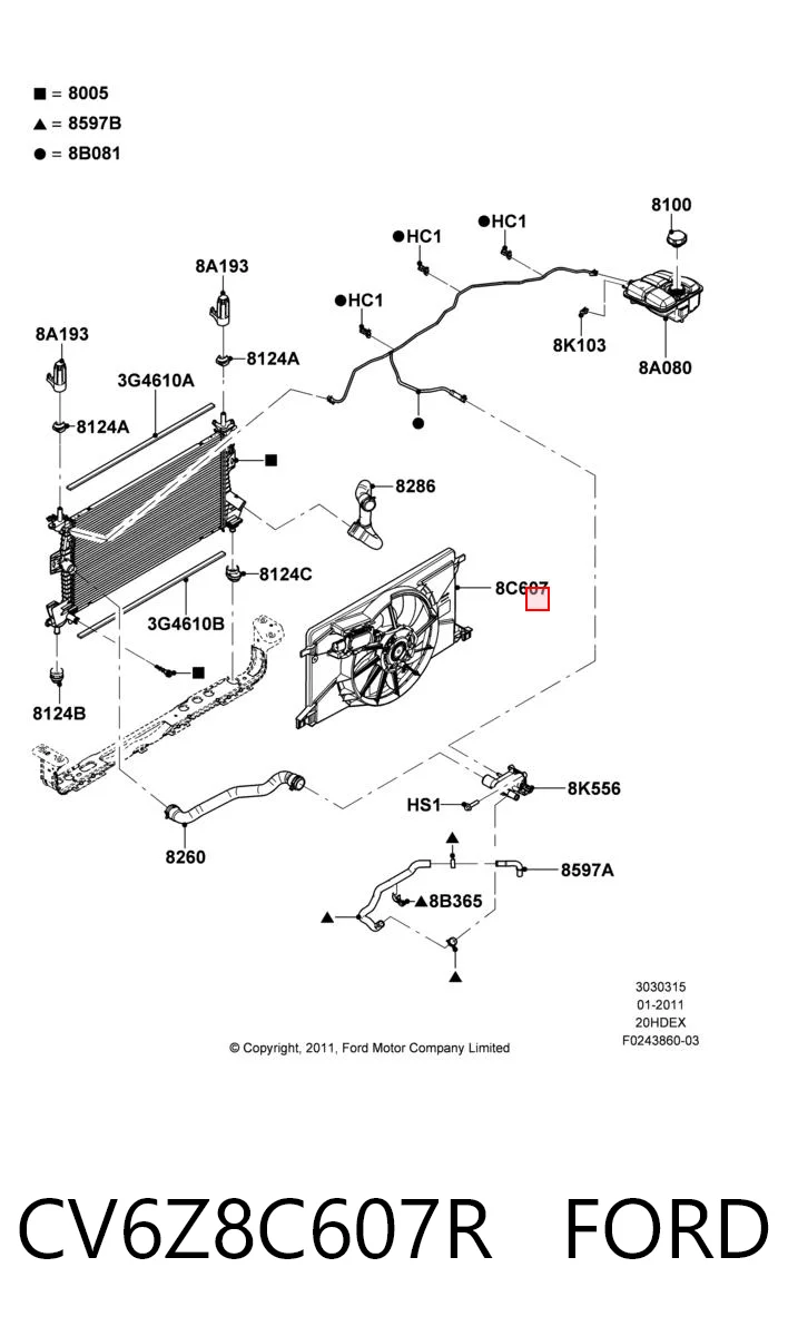 CV6Z8C607R Ford Difusor do radiador de esfriamento, montado com motor e roda de aletas