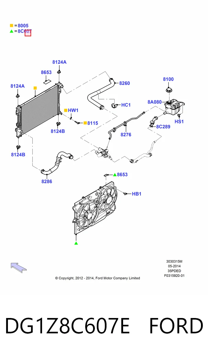 DG1Z8C607E Ford Difusor do radiador de esfriamento, montado com motor e roda de aletas