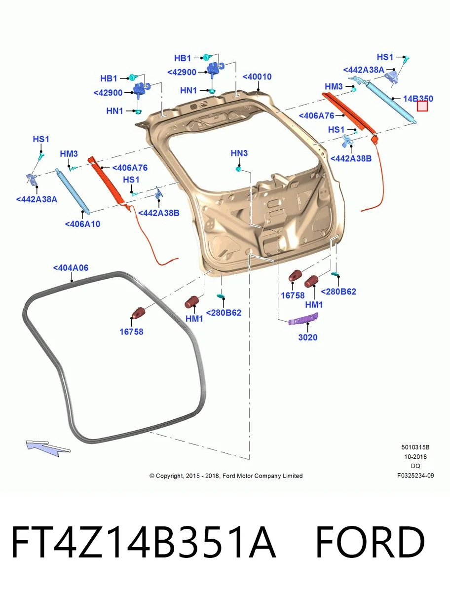 FT4Z14B351A Ford Amortecedor de tampa de porta-malas (de 3ª/5ª porta traseira)